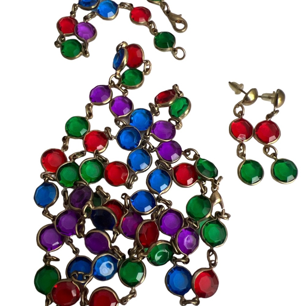 Vintage Long Caged Multicolour Crystals Necklace Bracelet Dangling Earrings 90's